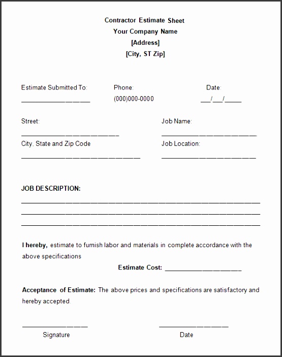 sample work estimate template for contractor
