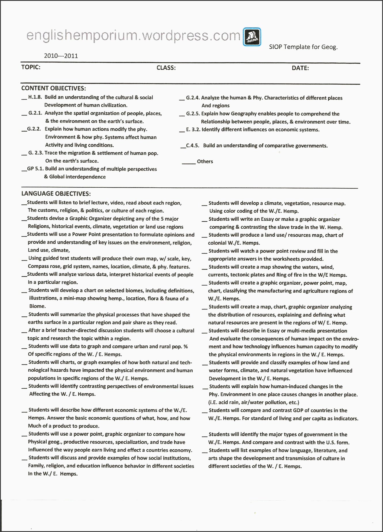 siop lessonplan and checklist for moncore geography lesson plan template 2 example 7th grade siop lesson