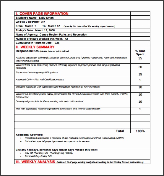 weekly work activity report template pdf format