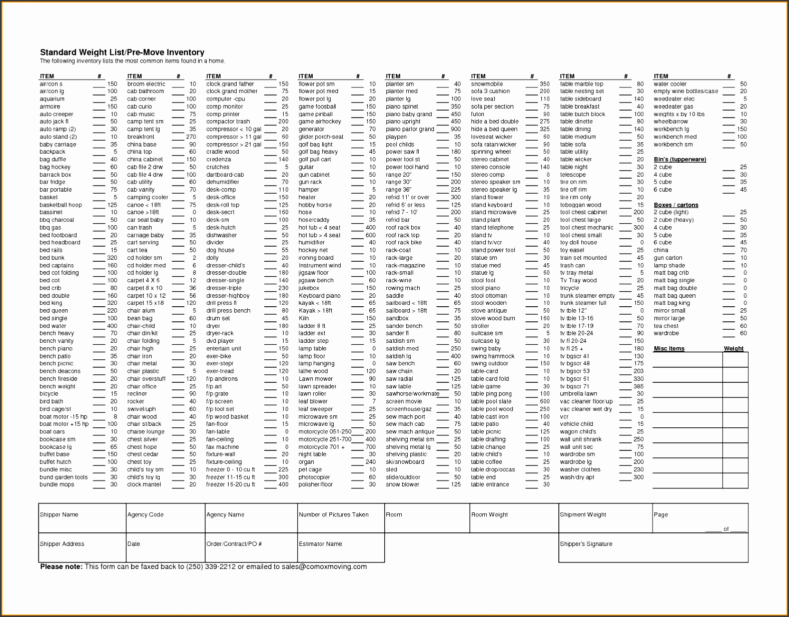 moving inventory list template