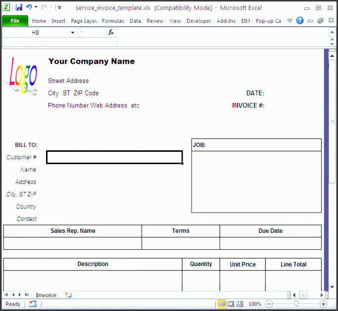 free service invoice template and invoice form running in excel 2010