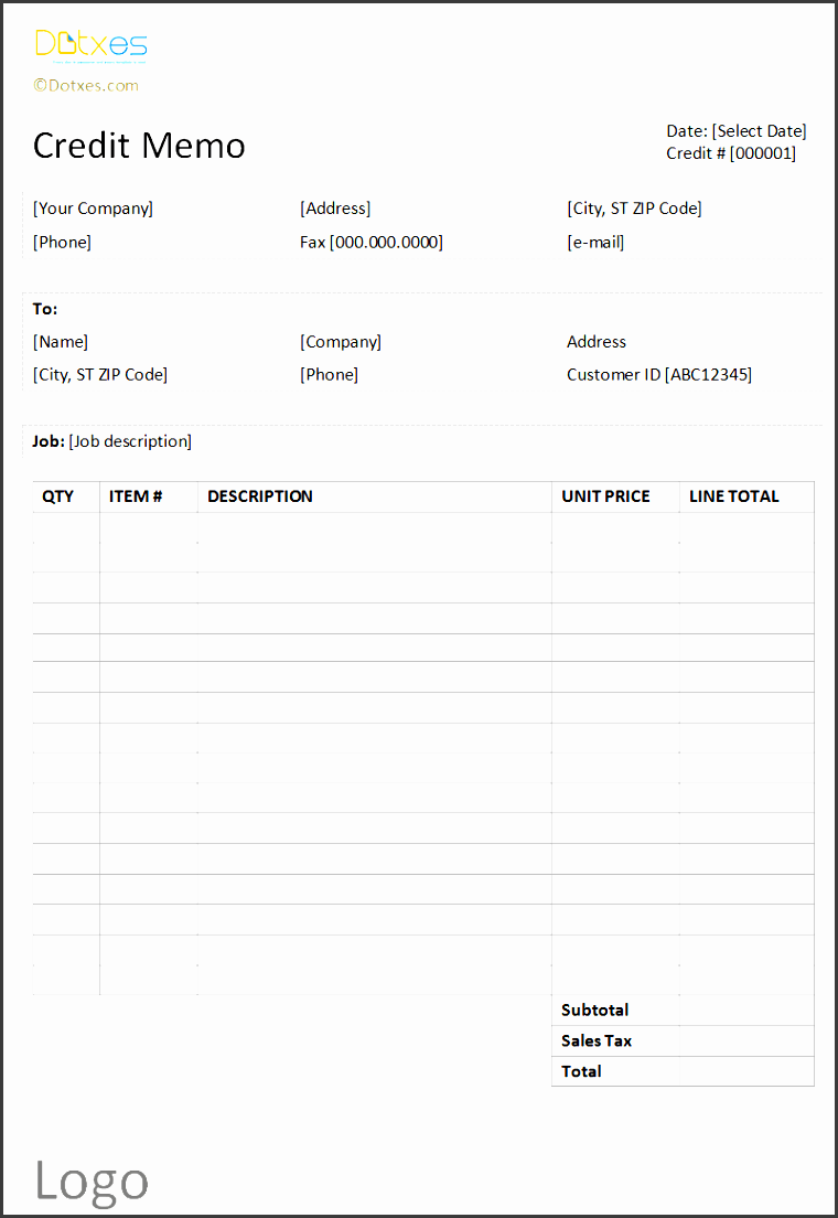 credit memo template basic and neat table format