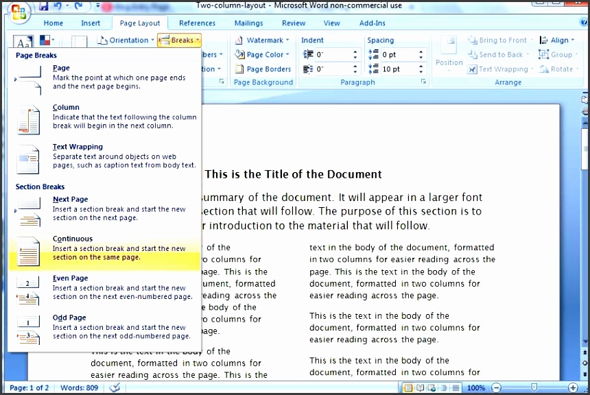 microsoft word 2007 page break options
