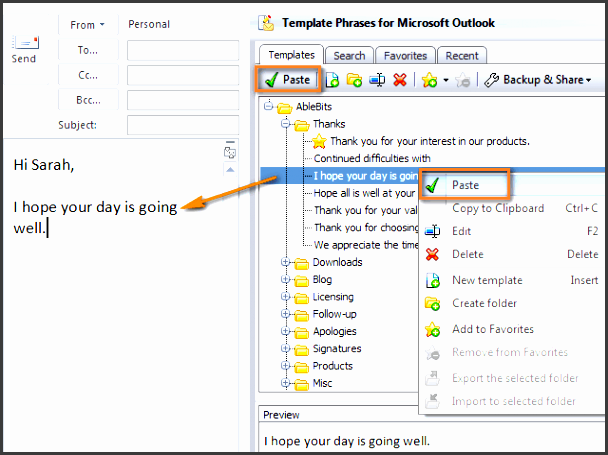 inserting a template into an outlook message