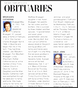 in a list format below the readability of copy set flush left ragged right is apparent the obituaries list the important info in the first sentence