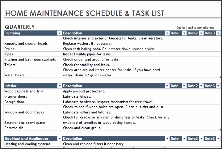 home maintenance schedule and task list template