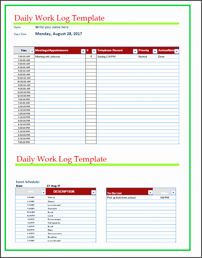 daily work log templates