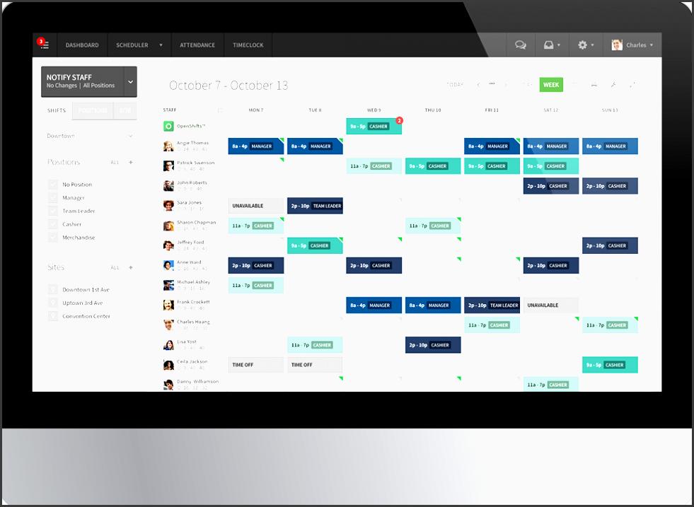employee scheduling software screenshot of the shift planning and workforce management staff scheduler for when