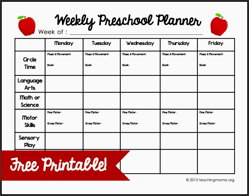 weekly preschool planner free printable example