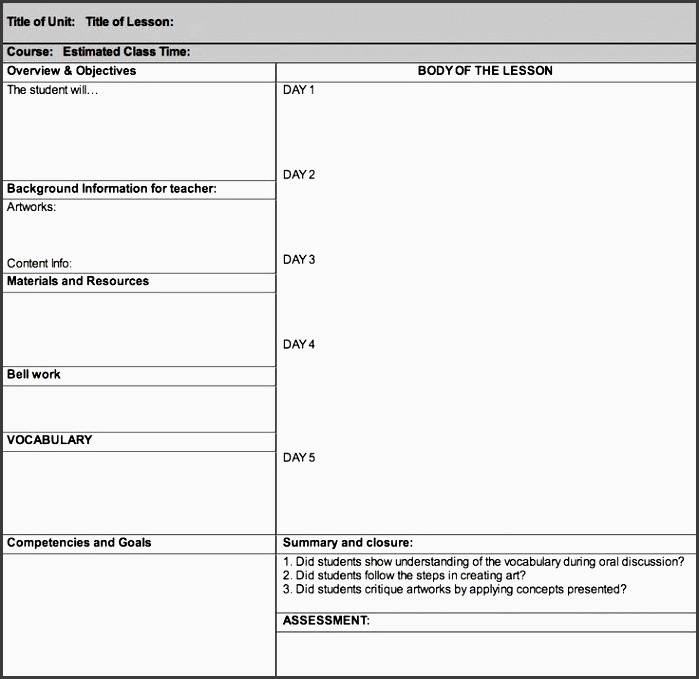art lesson plan templates below is a lesson plan template rubric and student reflection