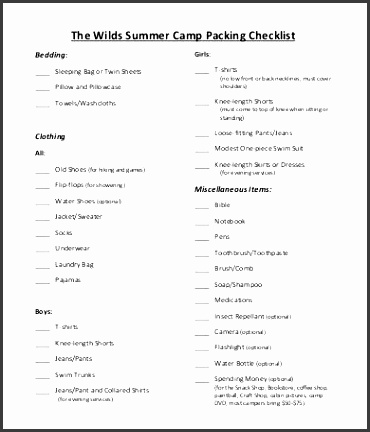 summer camp packing checklist template
