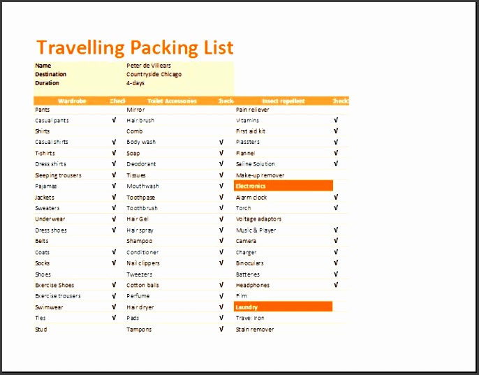 preview and details of template printable travelling packing list