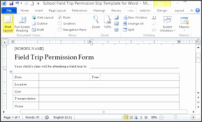 standard field trip permission form for schools