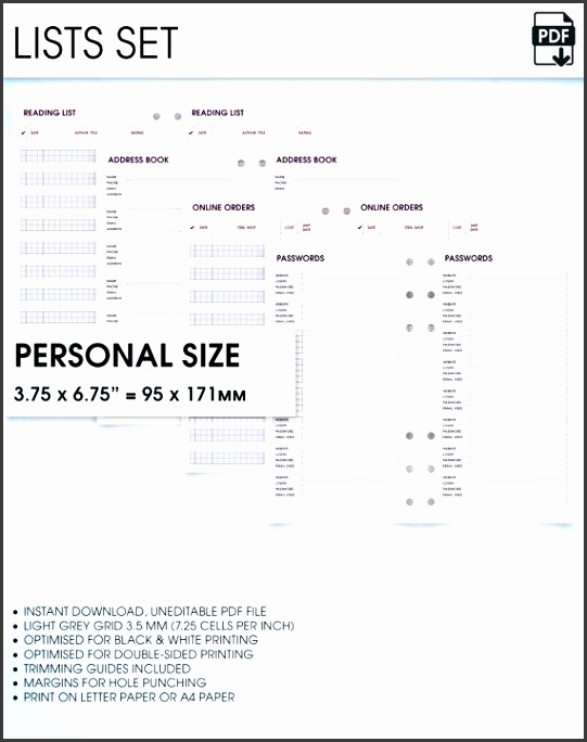 lists filofax personal size planner inserts printable address book bucket list wish list online orders password log reading journal