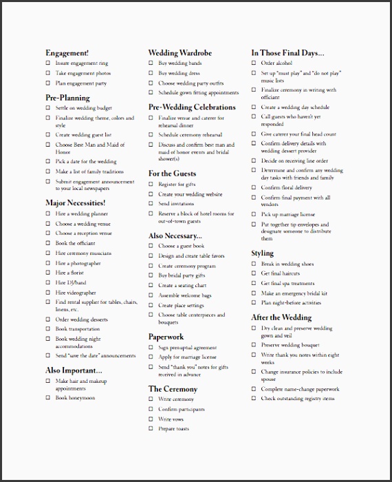 sample wedding checklist 19 documents in pdf word