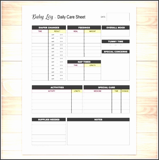 baby log daily infant care sheet pink yellow printable