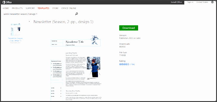 winter ski newsletter template or printable for microsoft publisher