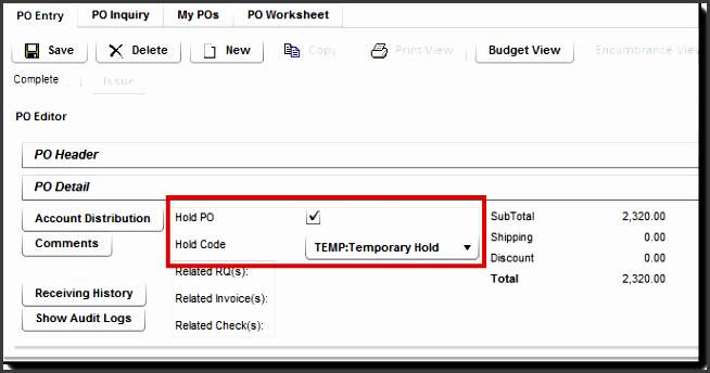 order on hold when entering a new purchase order or you can search for a purchase order in draft status using the po inquiry tab then place the