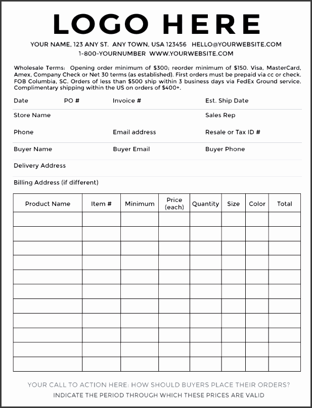 product order form sample in word