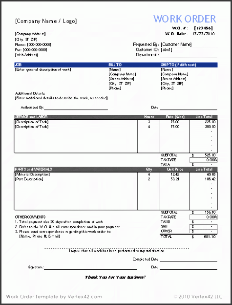 each work order is fully customizable and geared mainly towards service repair and maintenance work see our purchase order form if you d like to create a