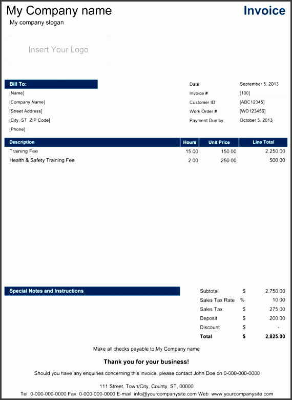 service invoice with hourly rate
