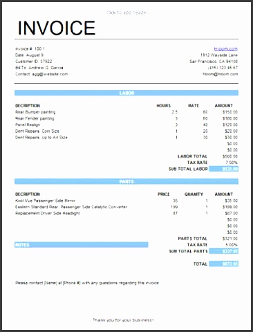 format for hourly billed labor and parts service invoice