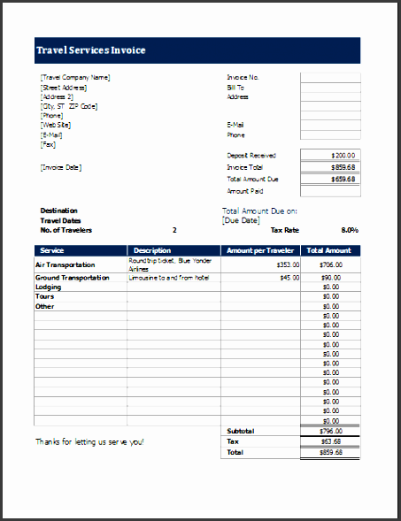 travel service invoice template for excel excel templates