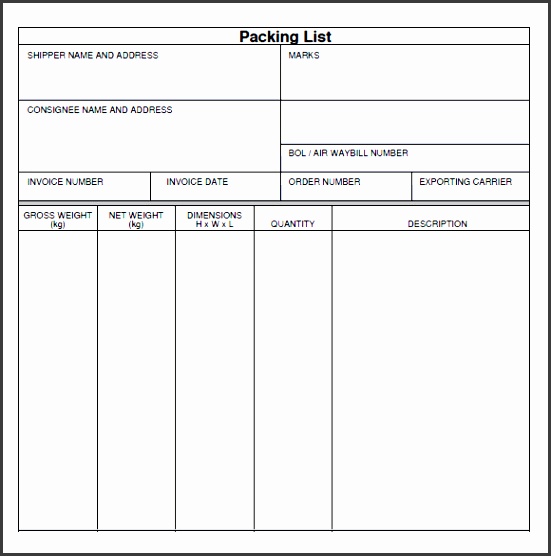 packing list template pdf