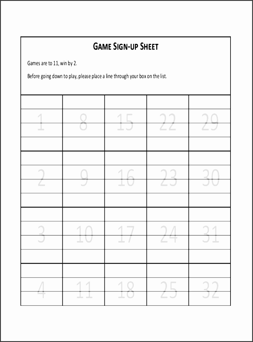 game sign up sheet example