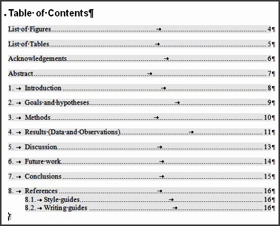 sample table of contents in word grey areas are field codes that are automatically generated by word