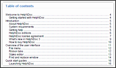 table of contents in a pdf document
