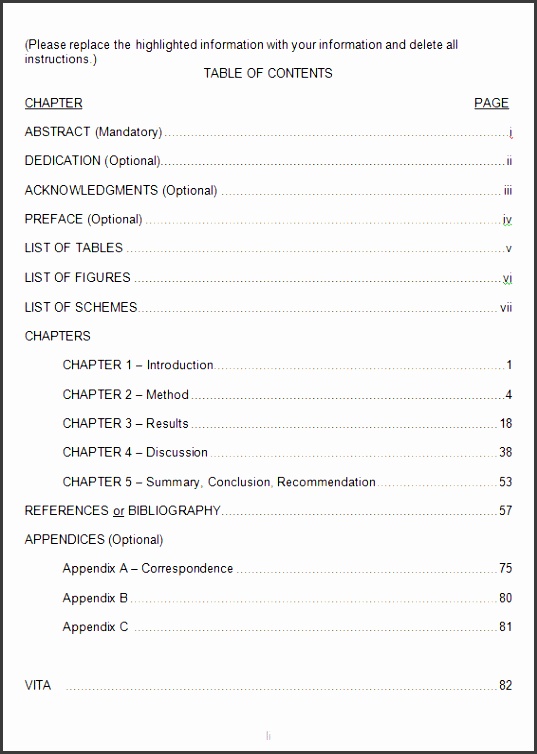 table contents layout