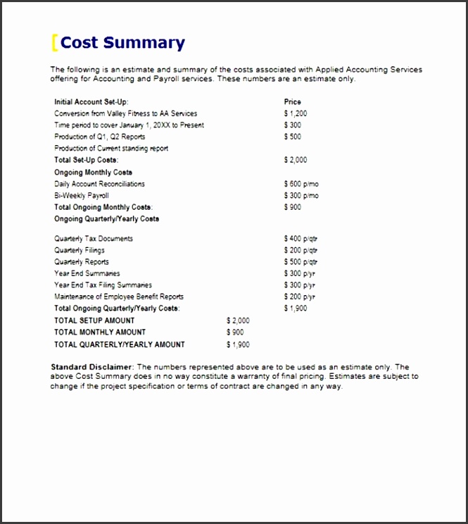 accounting payroll services proposal cost summary example