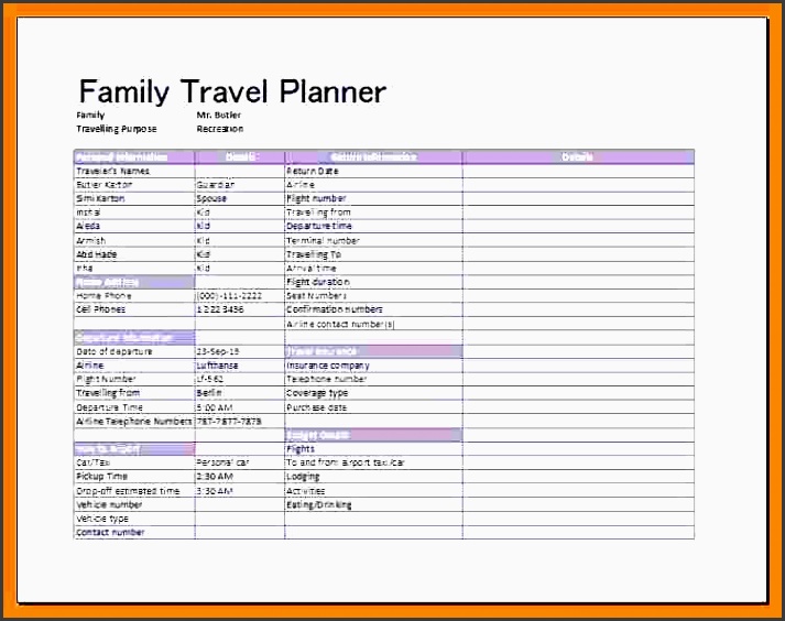 travel plan template excel family travel planner