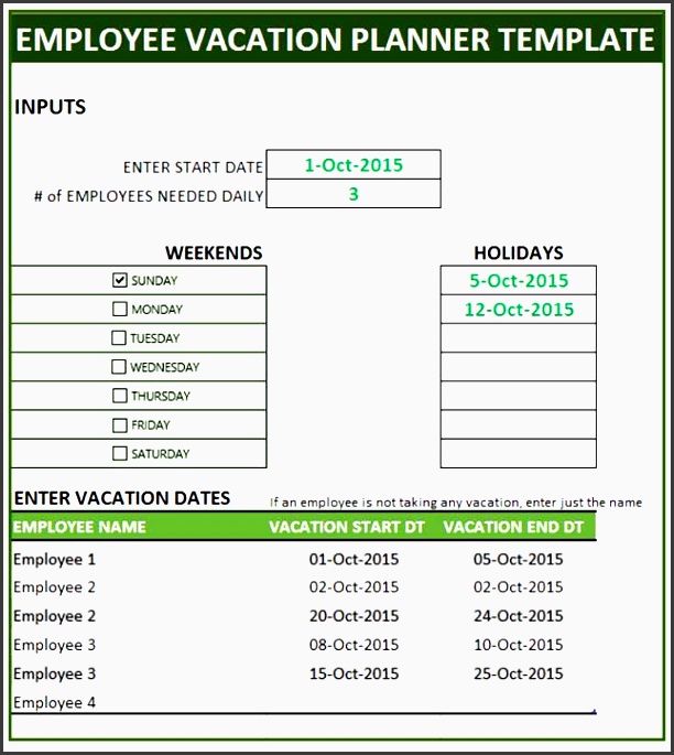 employee vacation planner template