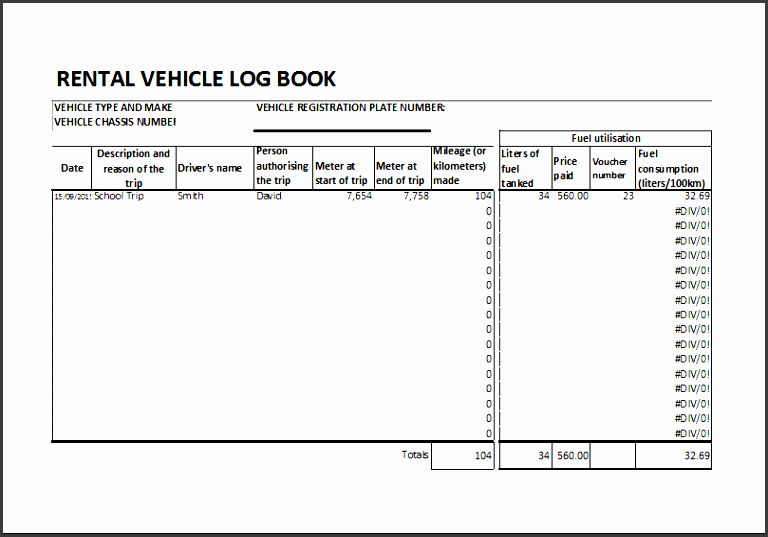 rental vehicle log book