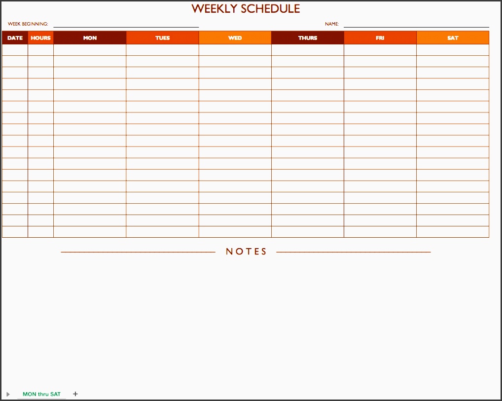 mon sat weekly work schedule template with notes