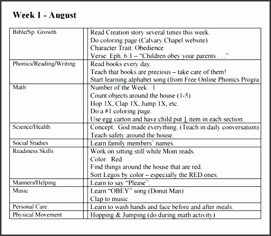 Sample Preschool Lesson Plan 9 Examples Format