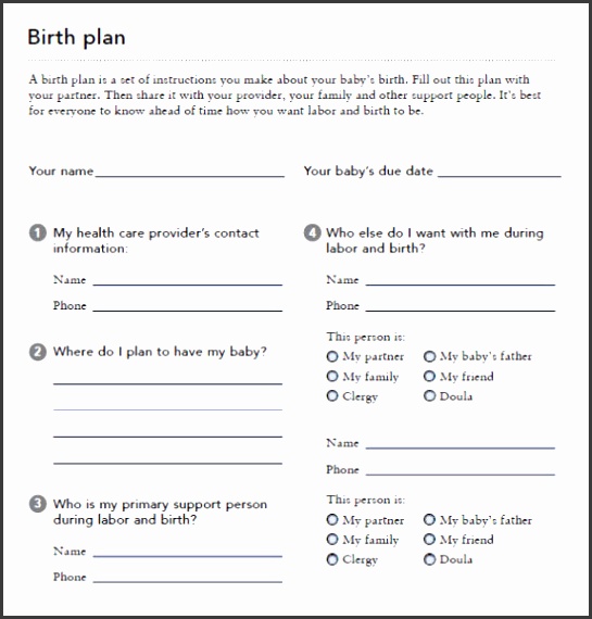 Birth Plan Form Checklist Worksheet Template Printable