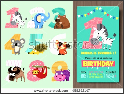 Birthday Party Invitation Template with Numbers and Funny Animal Characters
