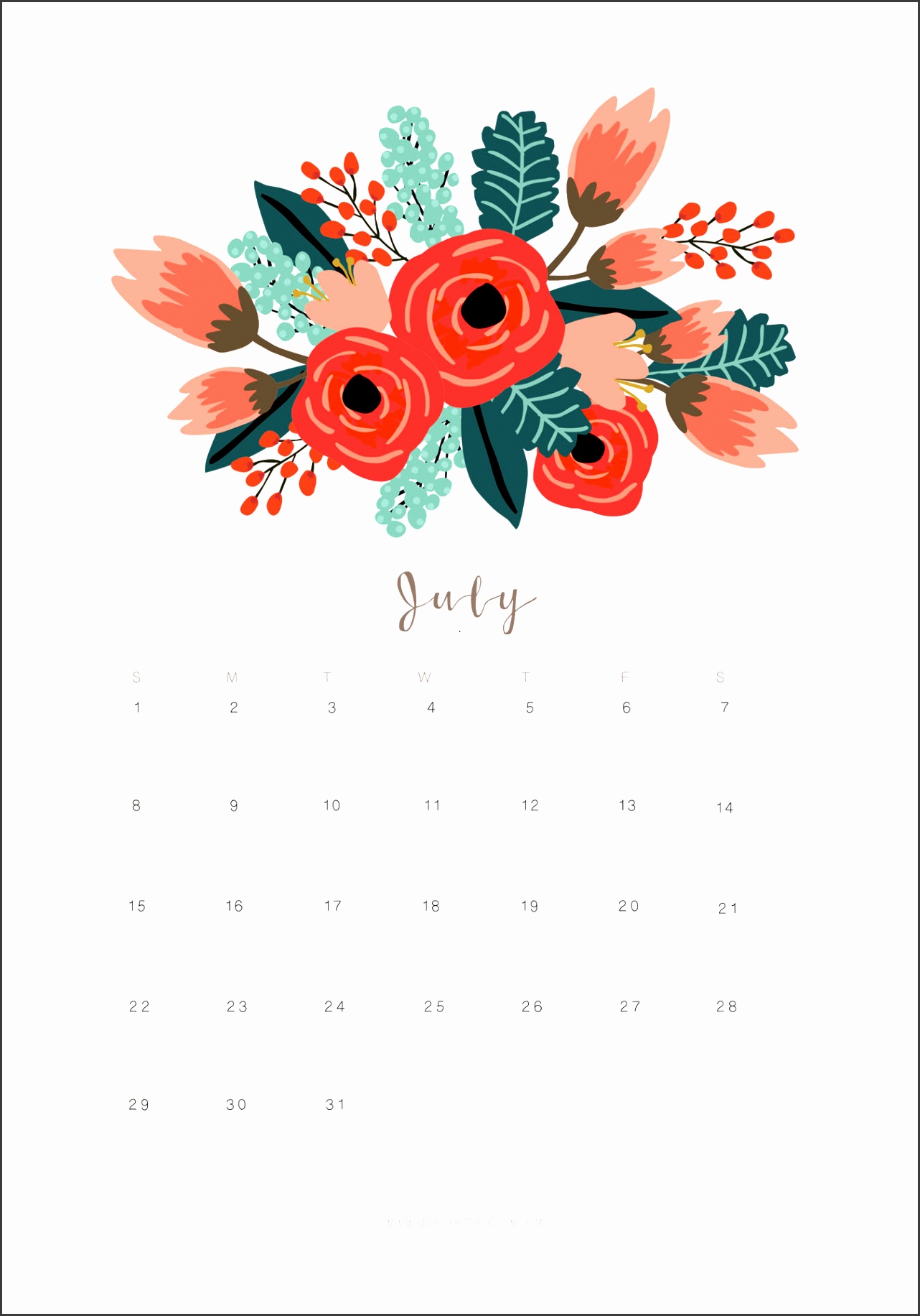 Printable July 2018 Calendar Monthly Planner – Flower Design