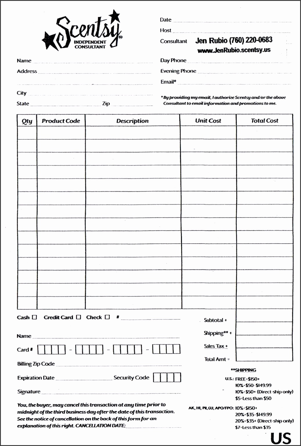 Printable Scentsy Order Form Template