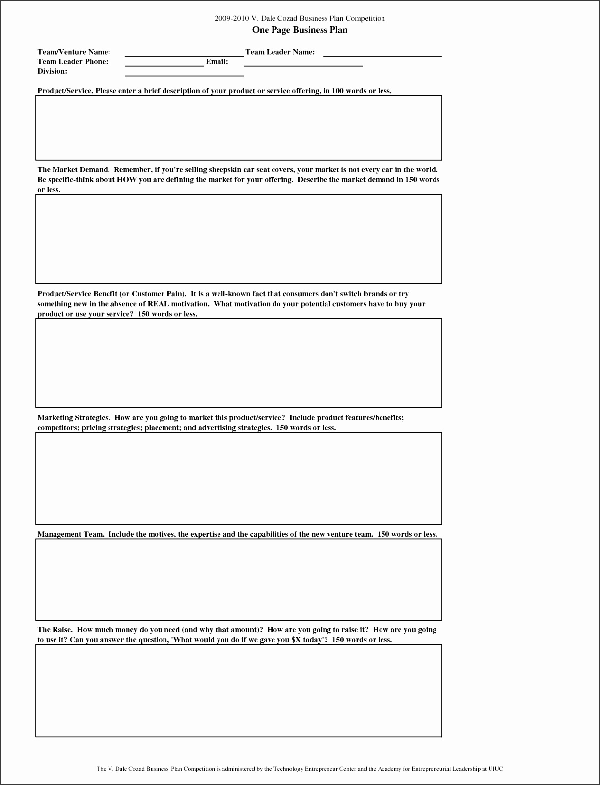 one page business plan template by Dale Cozad