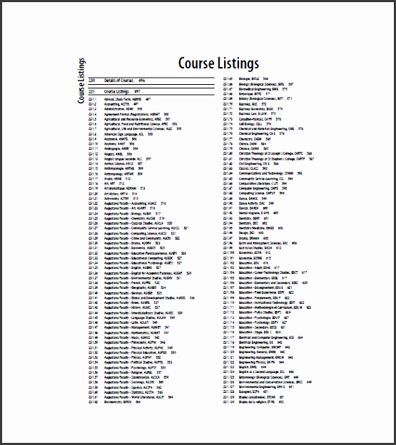Sample Course List Template Free Download