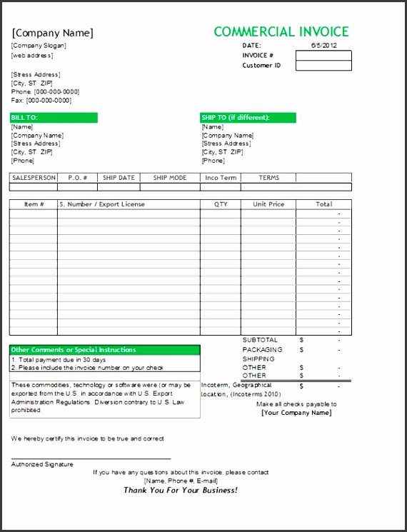 mercial invoice sample