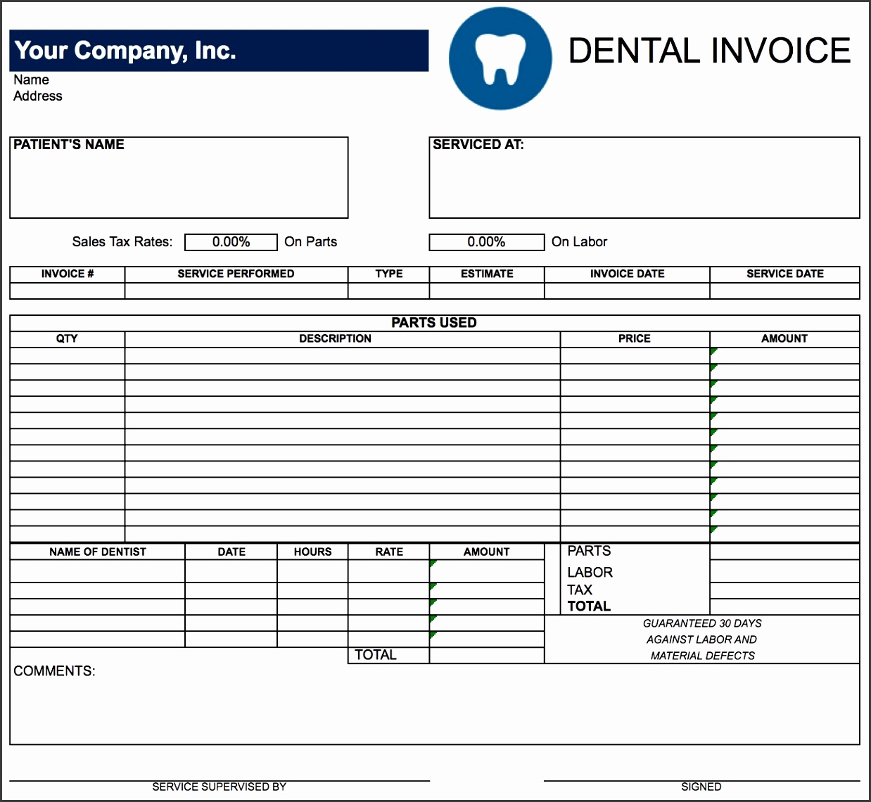 dental invoice template excel