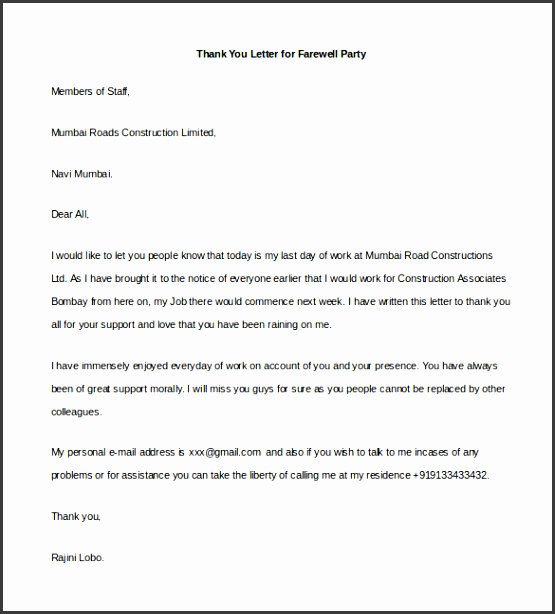 Sample Thank You Letter for Farewell Party Word Format