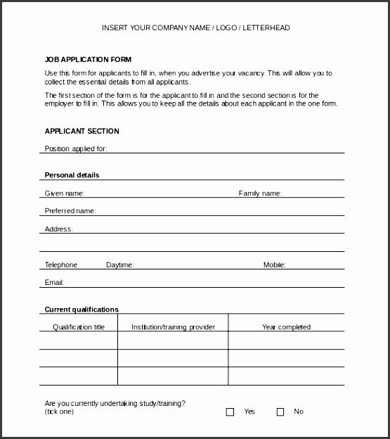 sample employment application word format