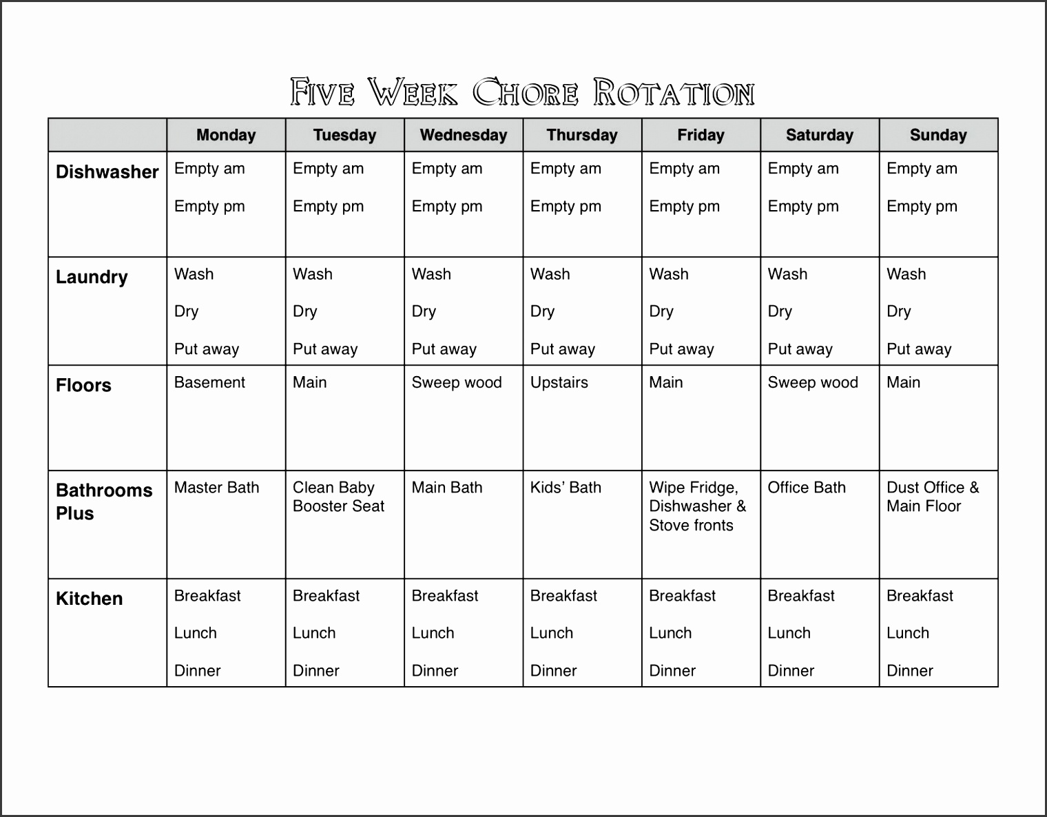 5 week chore chart