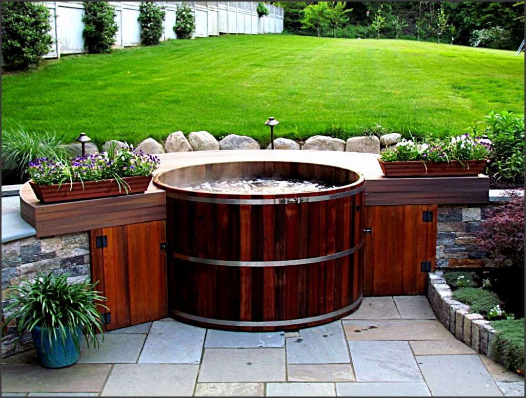 Wooden Hot Tubs bined With Two Plant Containers And Turquoise Flower Pot Over Floor Tile Facing Wo Small Garden Lamps And Green Grass Yard